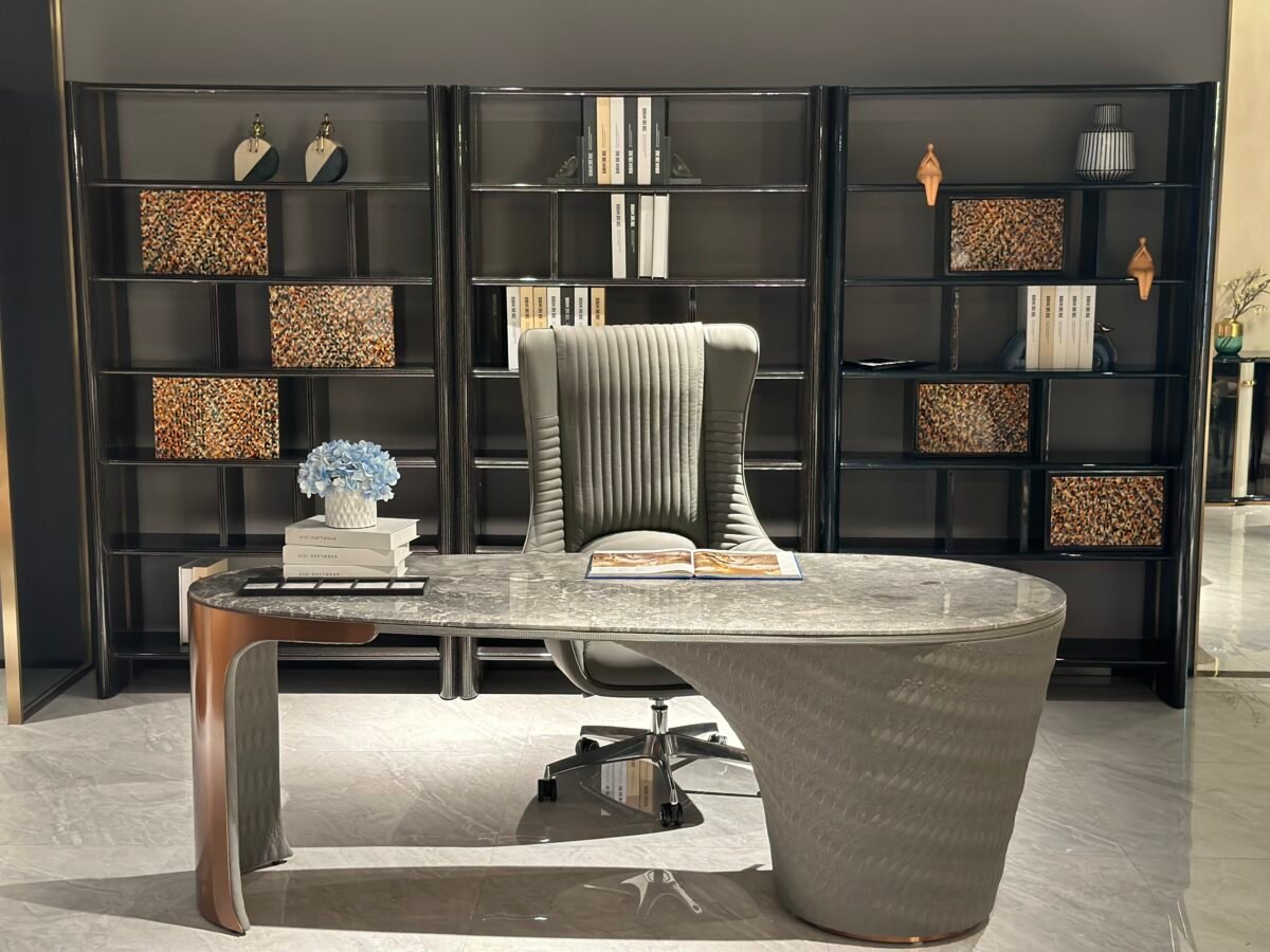 Contemporary black marble desk home office styled modern residential professional interior curved stone wood veneer 200cm