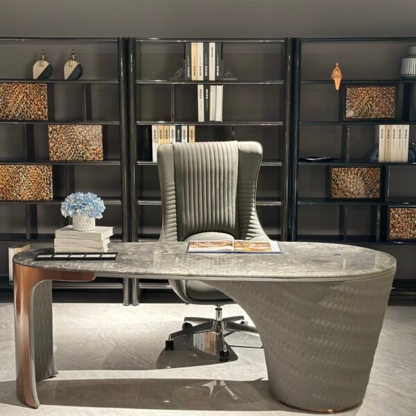 Contemporary black marble desk home office styled modern residential professional interior curved stone wood veneer 200cm