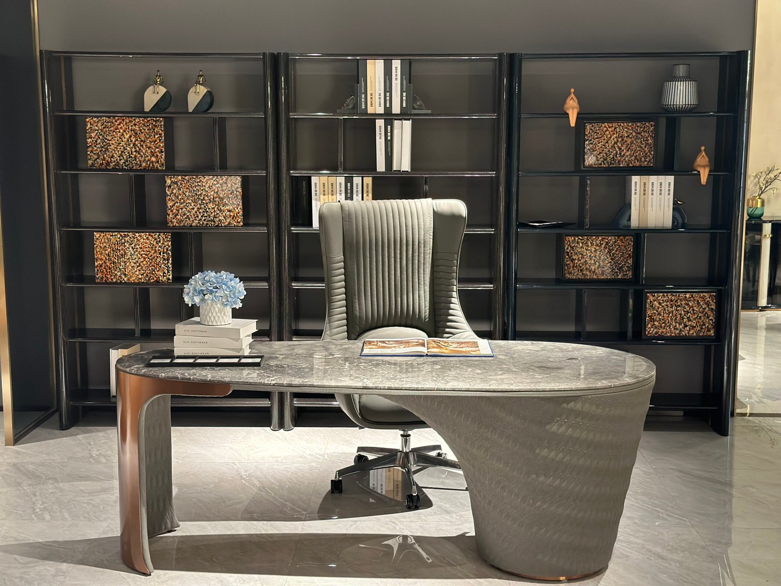 Contemporary black marble desk home office styled modern residential professional interior curved stone wood veneer 200cm