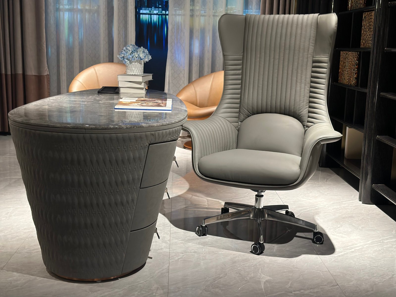 Contemporary white leather chair for home office corporate suite styled modern residential professional interior chrome base executive