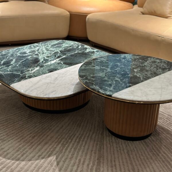 Premium glass corner table with stone top styled in contemporary luxury living room interior