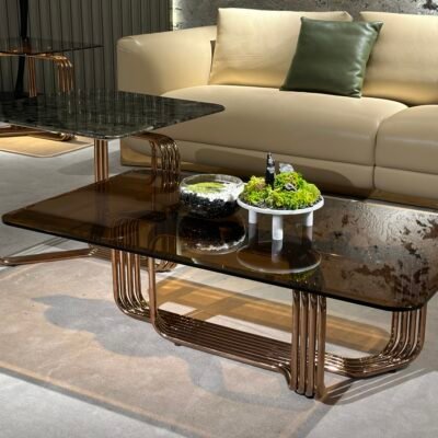 Copper top corner table with hardware base 70x70x57cm in amber glass and platinum diamond finish