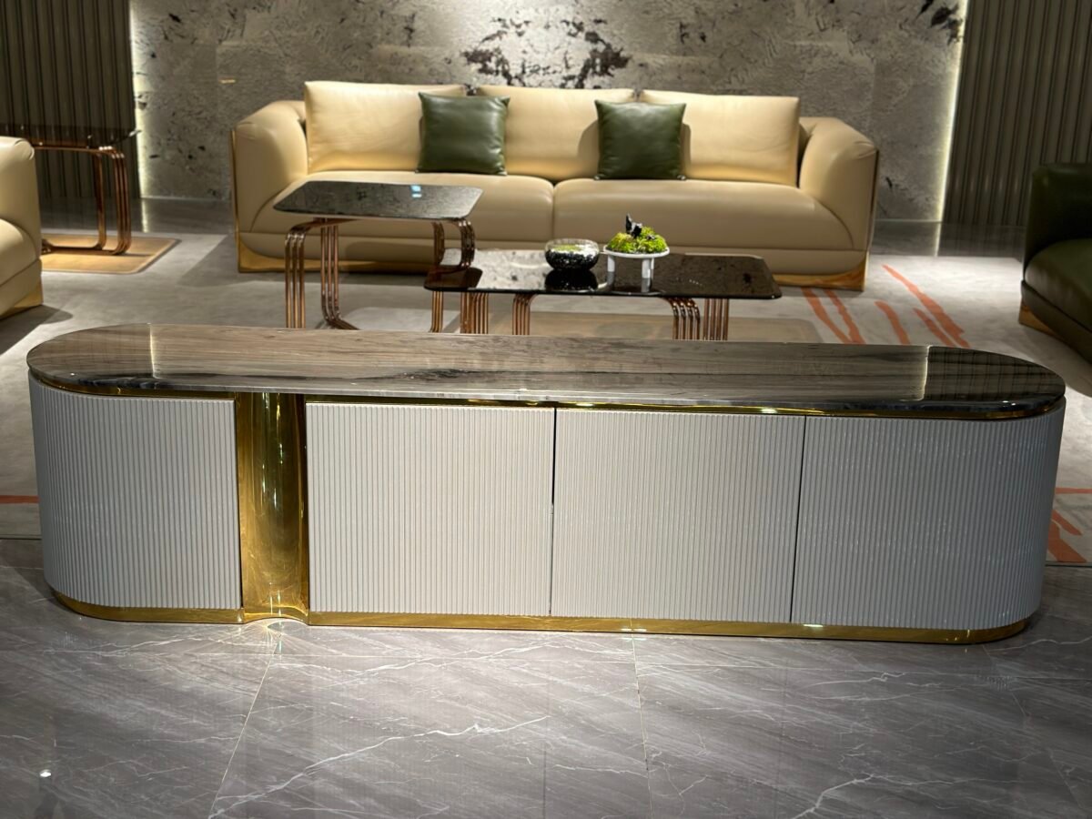 Contemporary sandstone TV storage cabinet for living room styled in modern residential interior blue gold metal frame wood veneer 240cm wall