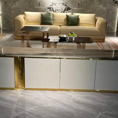 Contemporary sandstone TV storage cabinet for living room styled in modern residential interior blue gold metal frame wood veneer 240cm wall