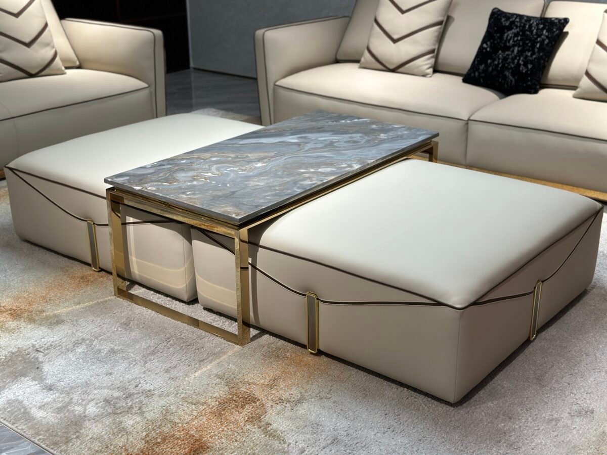 Close-up natural stone coffee table living room blue gold sandstone random pattern surface detail