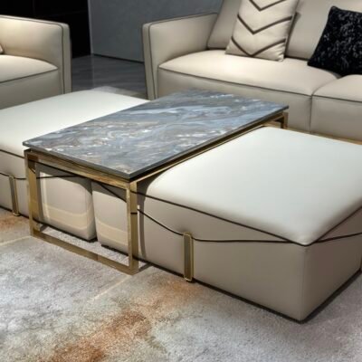 Close-up natural stone coffee table living room blue gold sandstone random pattern surface detail