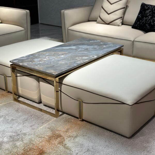 Close-up natural stone coffee table living room blue gold sandstone random pattern surface detail
