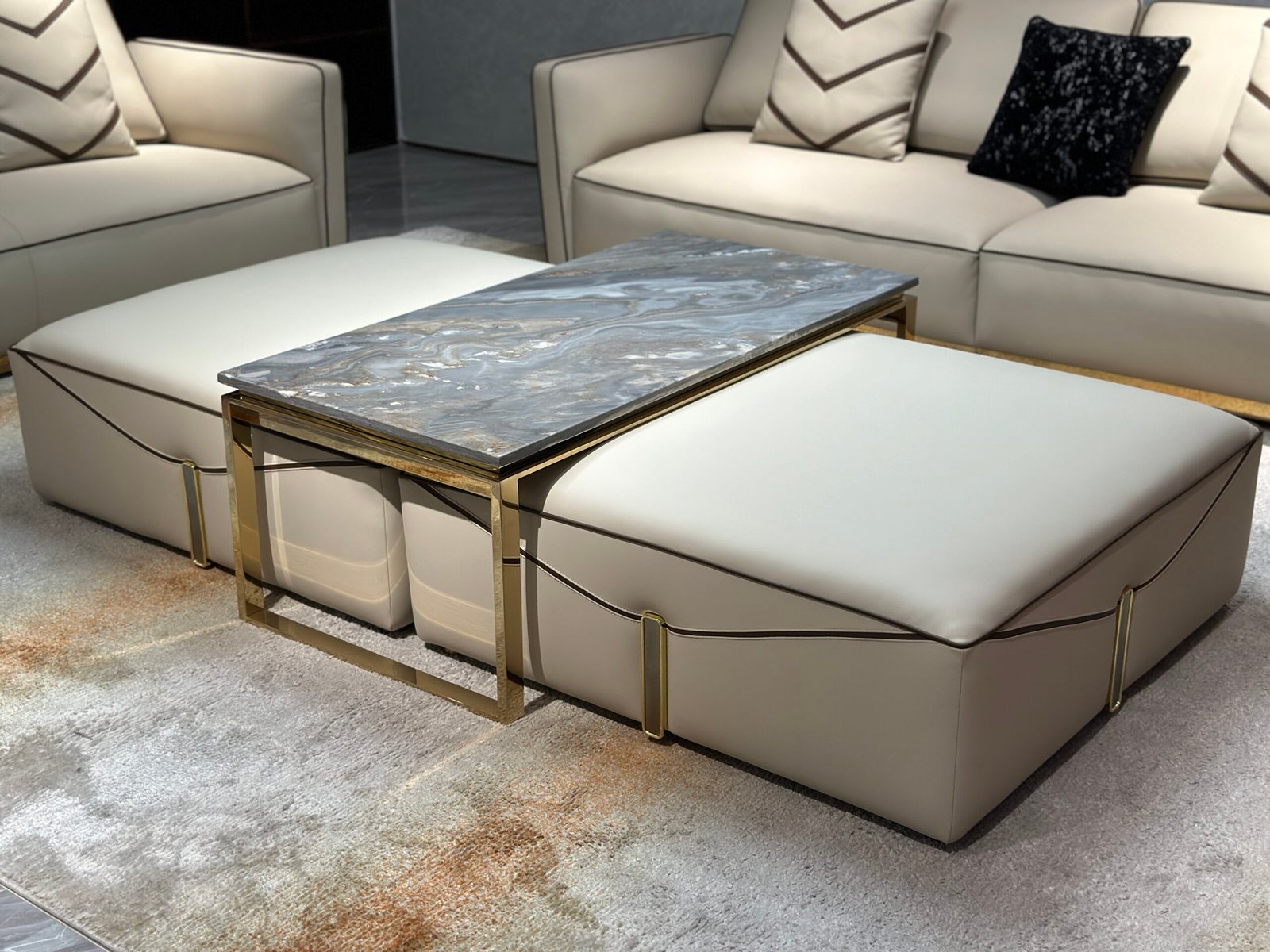 Close-up natural stone coffee table living room blue gold sandstone random pattern surface detail