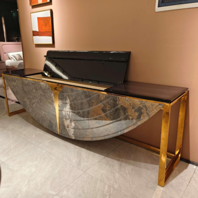 Green black console table jadeite inlaid hardware blue gold sandstone surface texture detail close-up