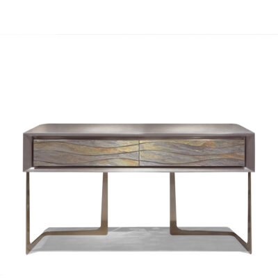 Copper gold gloss console table Silk Road hero shot brown copper finish entrance hall 180cm metal wood