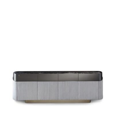 Black white striped fabric sideboard TV cabinet stone top Prada green hero shot blue accent 220cm living room