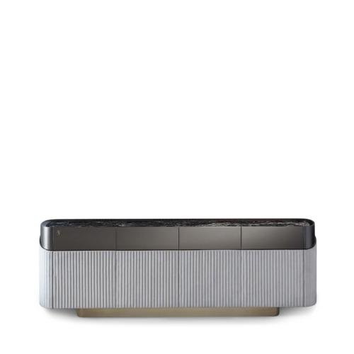 Black white striped fabric sideboard TV cabinet stone top Prada green hero shot blue accent 220cm living room
