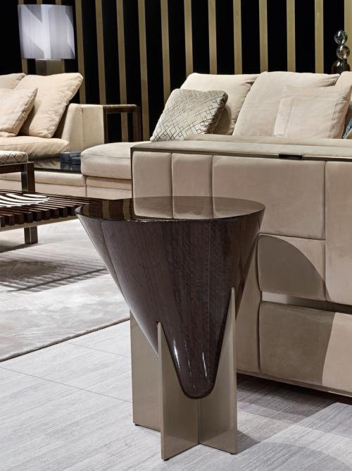 Contemporary wood accent table for living room bedroom styled in modern residential interior eucalyptus bronze gold