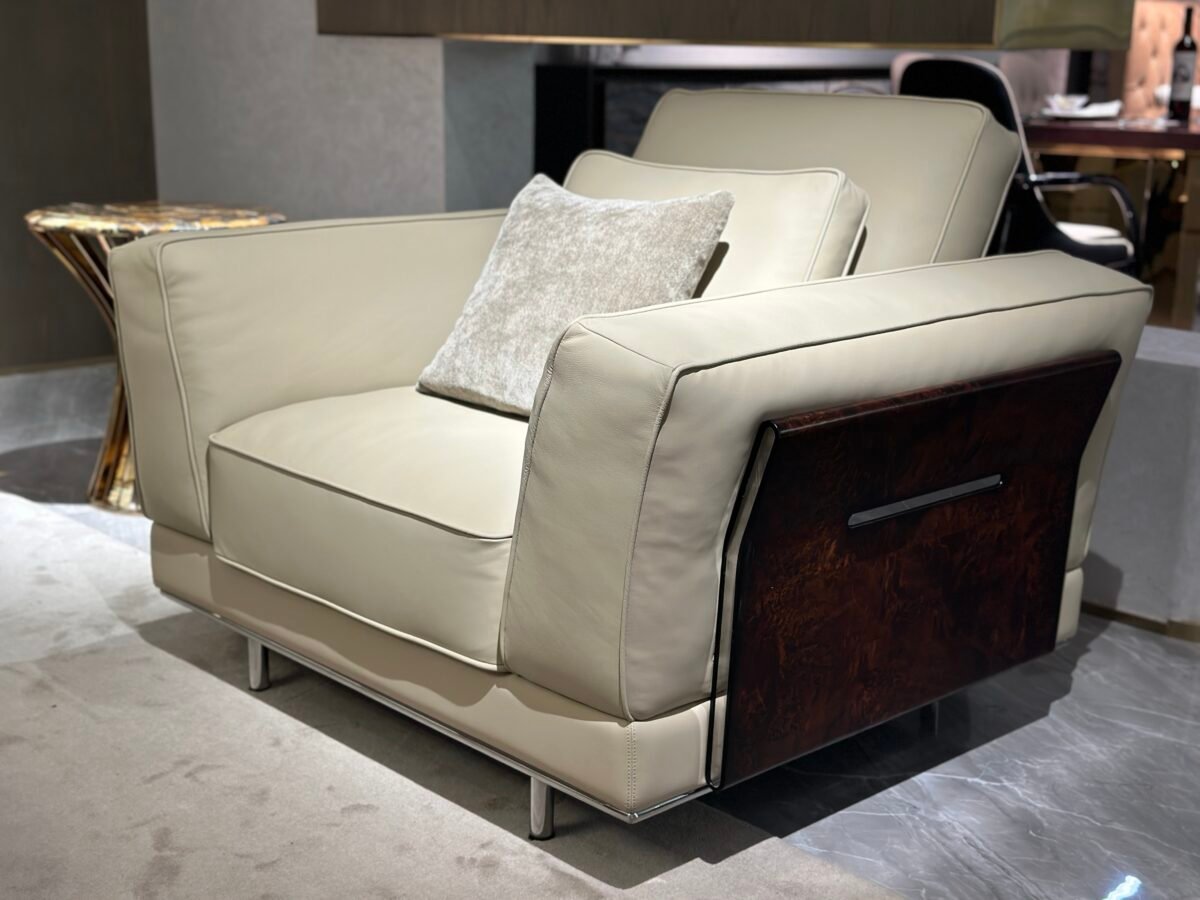 Single unit genuine leather sofa with wood grain matte finish in contemporary living room