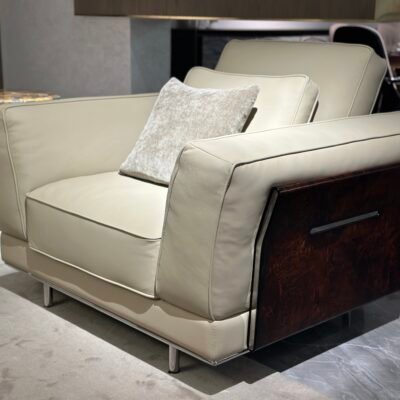 Single unit genuine leather sofa with wood grain matte finish in contemporary living room