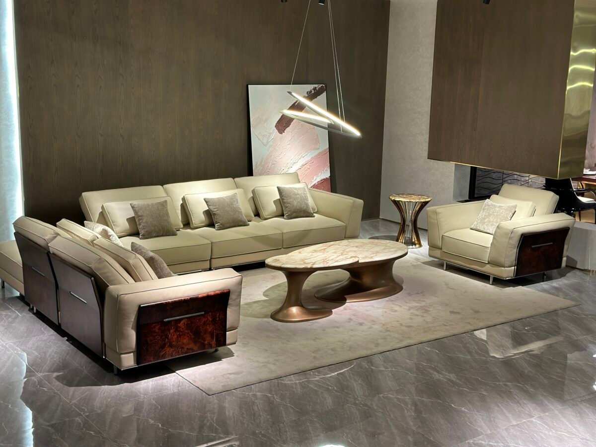 Genuine leather family sofa with side table in contemporary open plan living room