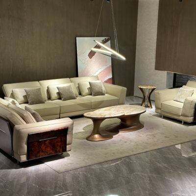 Genuine leather family sofa with side table in contemporary open plan living room