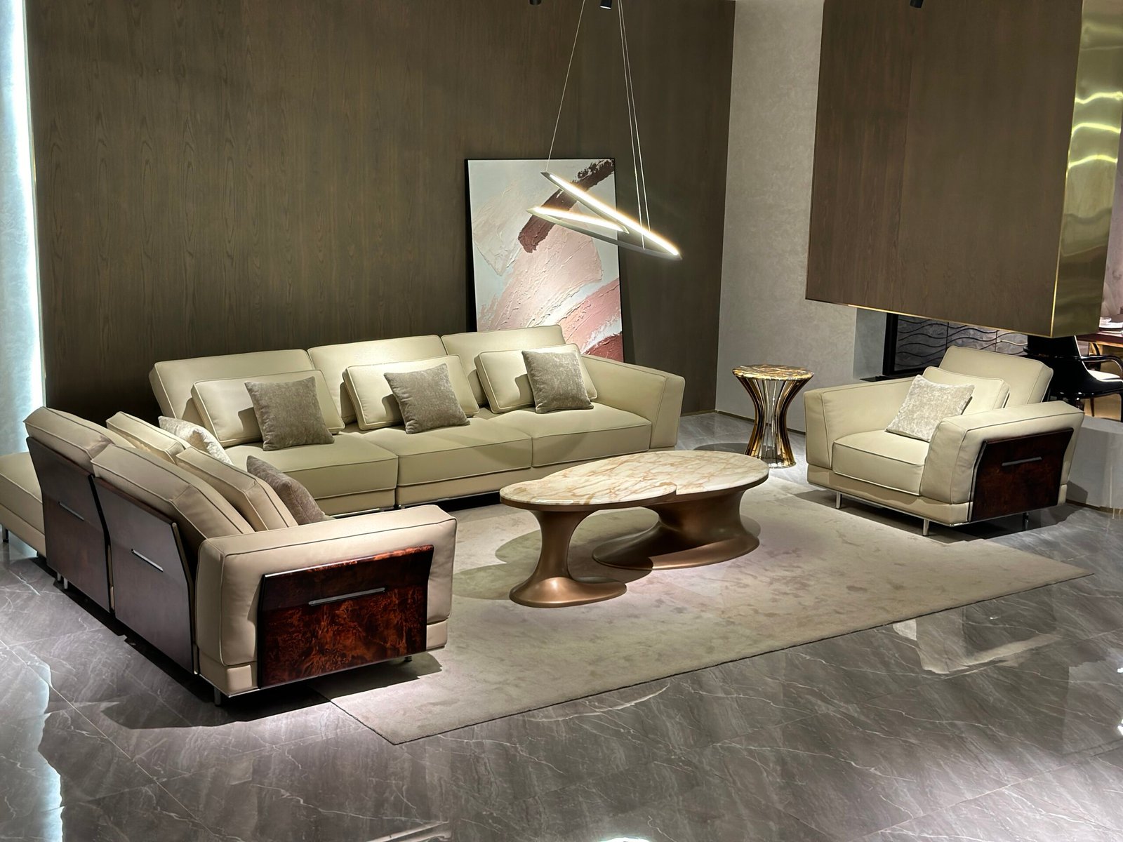 Genuine leather family sofa with side table in contemporary open plan living room