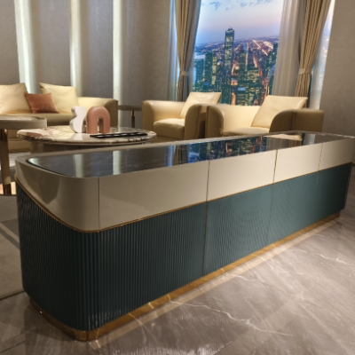 Striped fabric TV cabinet stone top blue accent Prada green element stripe pattern fabric texture and colour contrast detail