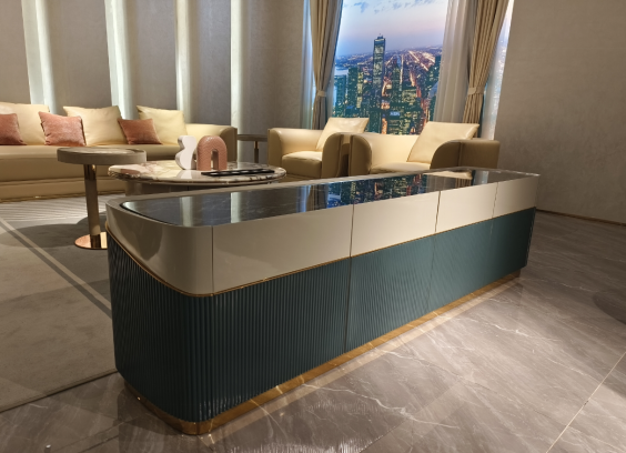 Striped fabric TV cabinet stone top blue accent Prada green element stripe pattern fabric texture and colour contrast detail