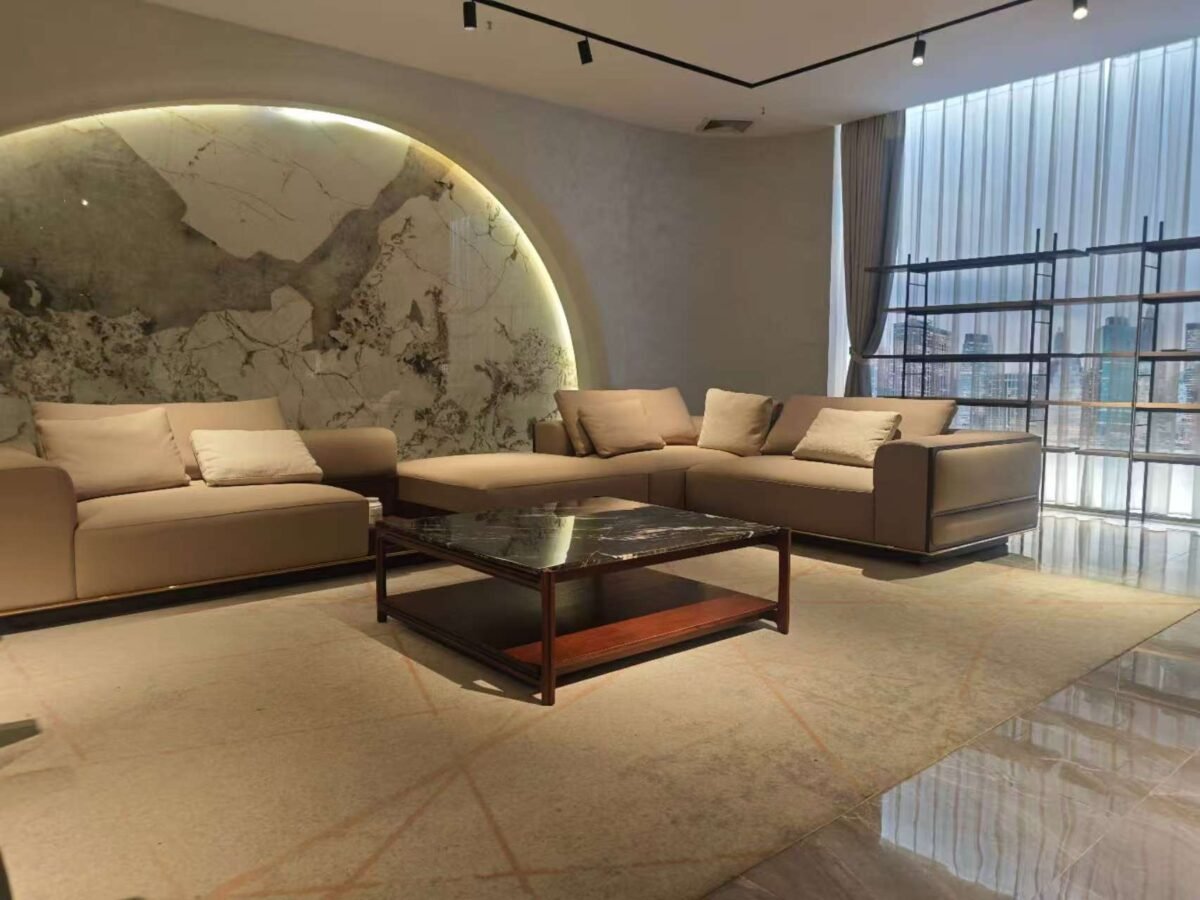 Contemporary marble storage coffee table for living room styled in modern residential interior cosmic black red oak walnut