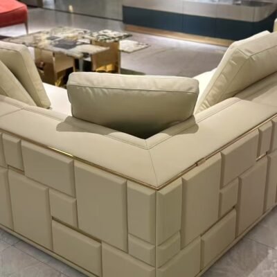 Close-up suede genuine leather upholstery surface and built-in storage compartment open detail