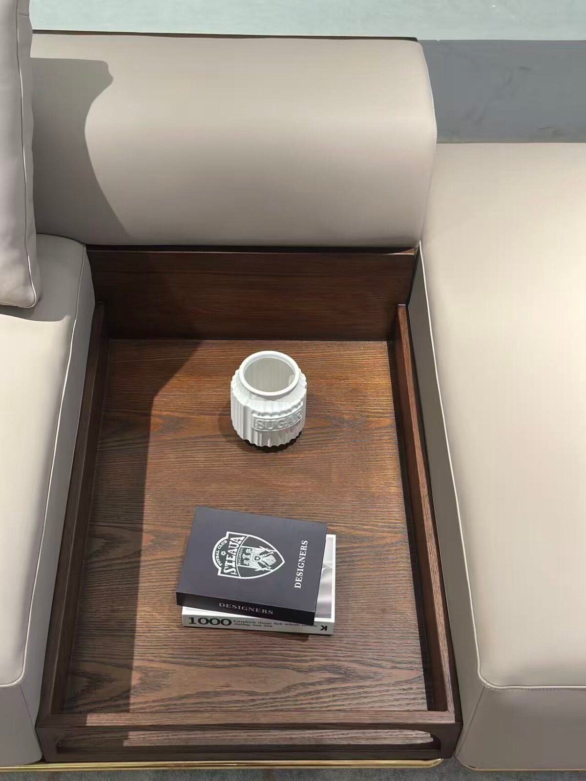 Close-up red oak walnut open pore matte finish frame and copper gold gloss accent detail