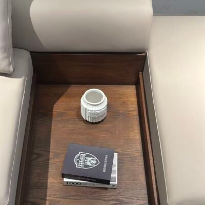 Close-up red oak walnut open pore matte finish frame and copper gold gloss accent detail