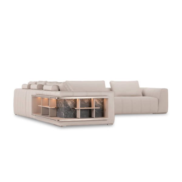 White leather sectional sofa with storage brushed gold frame and Venetian stone accents