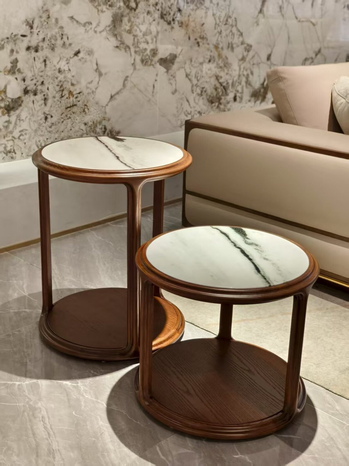 Luxury marble side table set tall low red oak plywood base Ø66cm and Ø46cm height comparison two-piece arrangement detail