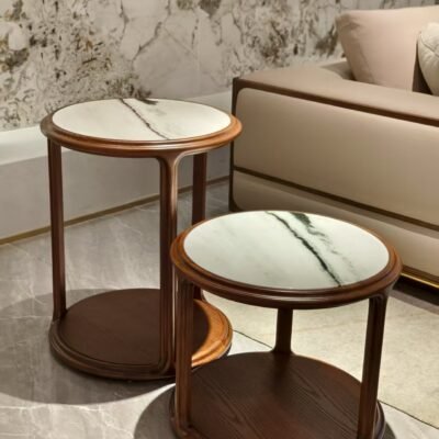 Luxury marble side table set tall low red oak plywood base Ø66cm and Ø46cm height comparison two-piece arrangement detail