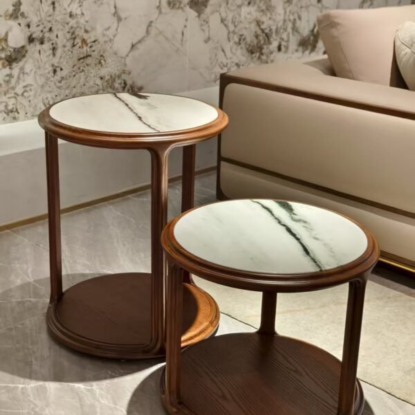 Luxury marble side table set tall low red oak plywood base Ø66cm and Ø46cm height comparison two-piece arrangement detail