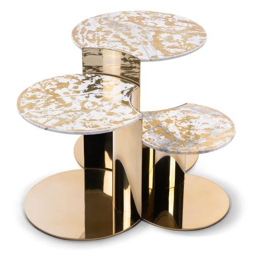 Gold white marble side table with sandstone three sizes white base collection