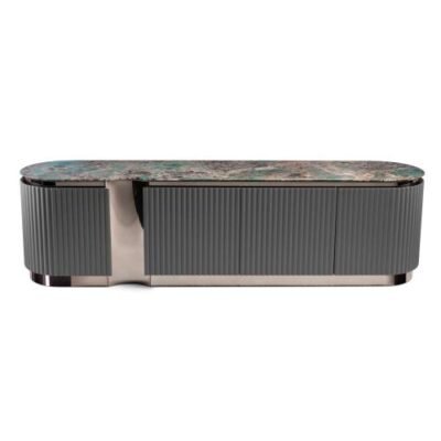 Blue gold sandstone sideboard TV cabinet metal frame wood veneer hero shot natural random pattern 240cm living room