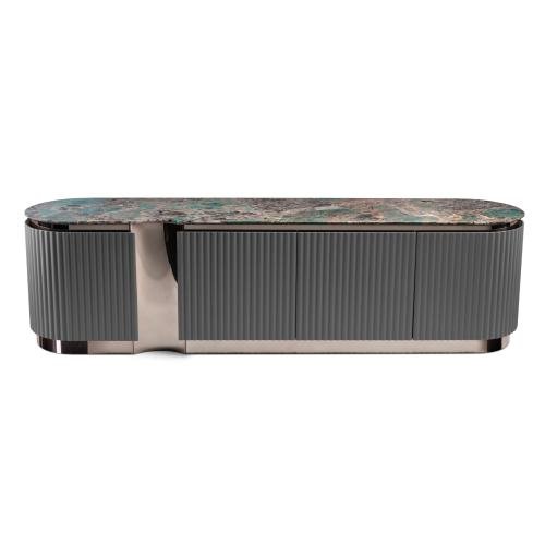 Blue gold sandstone sideboard TV cabinet metal frame wood veneer hero shot natural random pattern 240cm living room