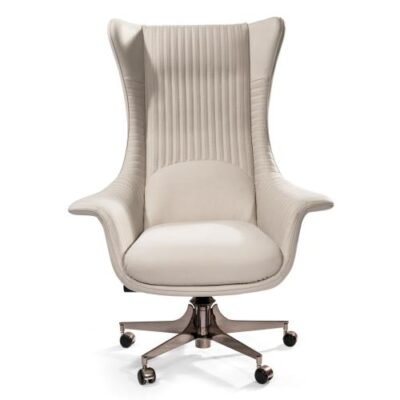 White leather office chair chrome base hero shot genuine leather upholstery adjustable height home office executive