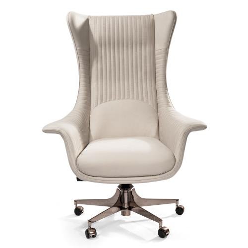 White leather office chair chrome base hero shot genuine leather upholstery adjustable height home office executive