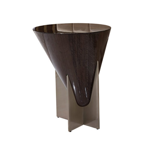Eucalyptus wood veneer side table with bronze gold base hero shot natural grain matte finish living room