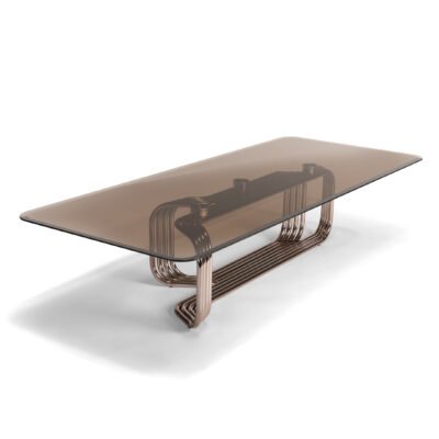 Amber glass copper top coffee table collection two sizes with metal base and corner tables