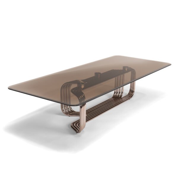 Amber glass copper top coffee table collection two sizes with metal base and corner tables
