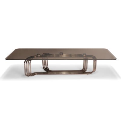Amber glass copper top coffee table collection two sizes with metal base and corner tables