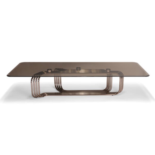 Amber glass copper top coffee table collection two sizes with metal base and corner tables