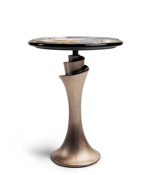 Cool jade glass top side table with black steel base hero shot glossy lacquer contrast living room