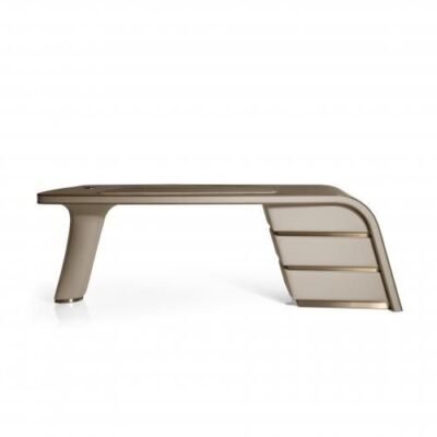 Curved wood surface desk copper gold gloss metal base hero shot 230cm arc warm finish office study