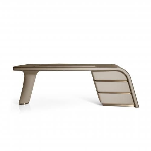 Curved wood surface desk copper gold gloss metal base hero shot 230cm arc warm finish office study