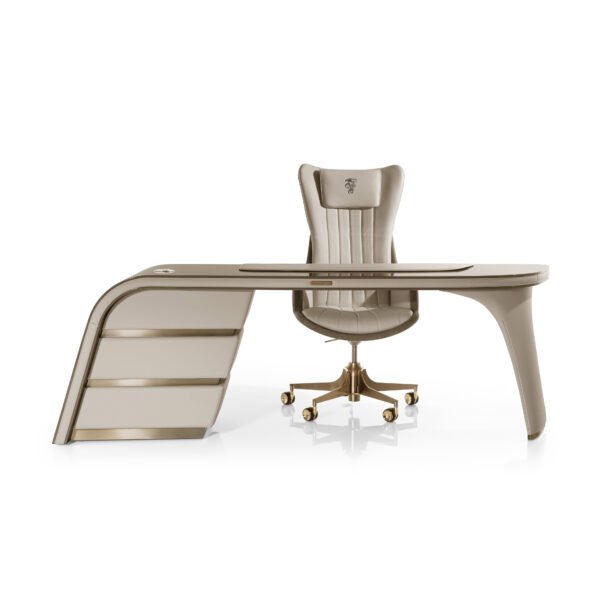 Luxury curved desk metal base 230cm arc geometry ergonomic front edge profile and base construction detail