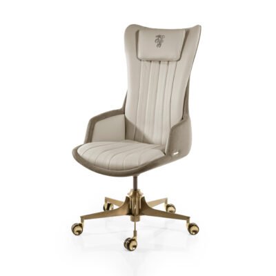 White leather office chair bronze accent gold wheels hero shot genuine leather upholstery three tone composition office