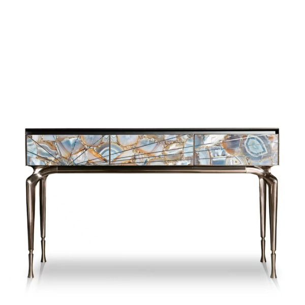 Babylonian agate stone console table hero shot copper gray steel legs natural pattern entrance hall two sizes