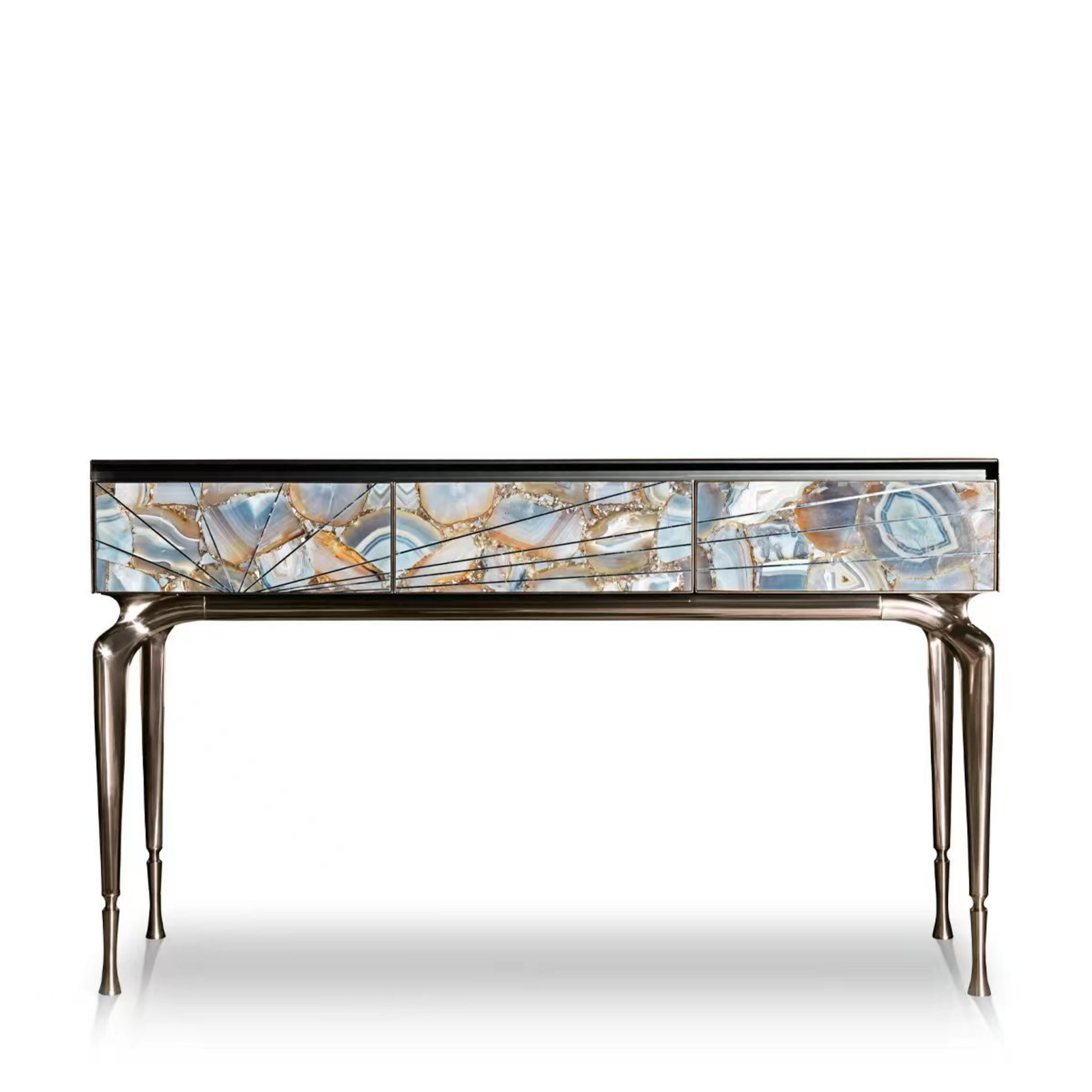 Babylonian agate stone console table hero shot copper gray steel legs natural pattern entrance hall two sizes