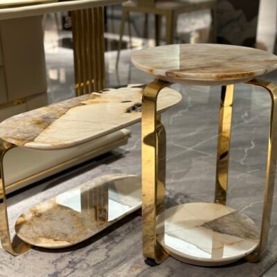 Contemporary corner accent table stone top for living room styled in modern residential interior Babylon titanium gloss two piece